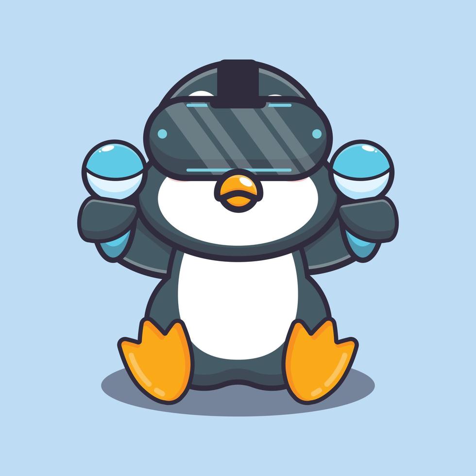 lindo pingüino jugando ilustración de vector de dibujos animados de realidad virtual