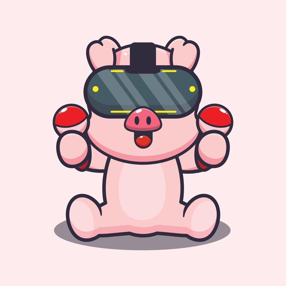 Cute pig playing virtual reality cartoon vector illustration