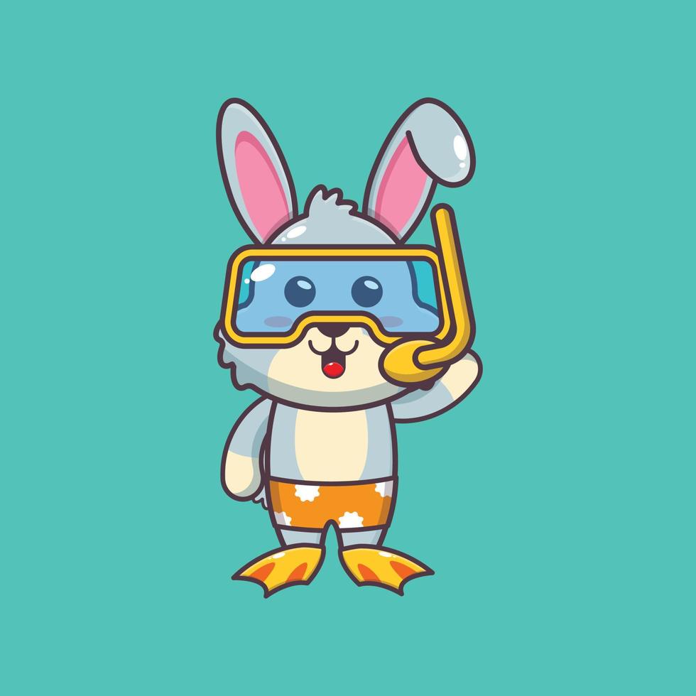 Cute rabbit diving cartoon mascot character illustration vector