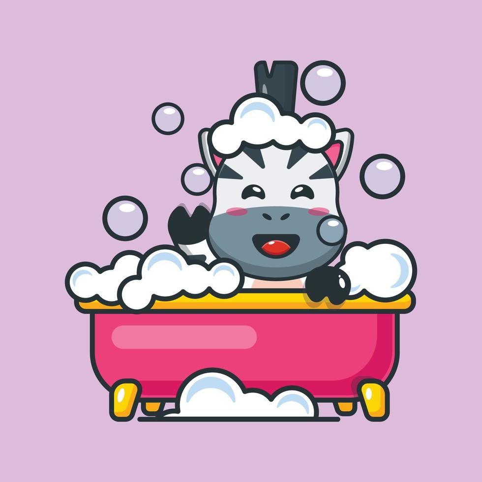 Cute zebra taking bubble bath in bathtub cartoon vector illustration