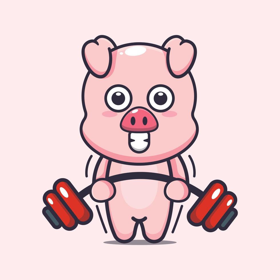 Cute pig lifting barbell cartoon vector illustration