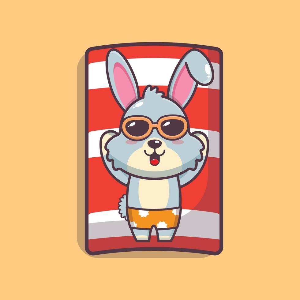 lindo personaje de mascota de dibujos animados de conejo en gafas de sol dormir en la playa vector