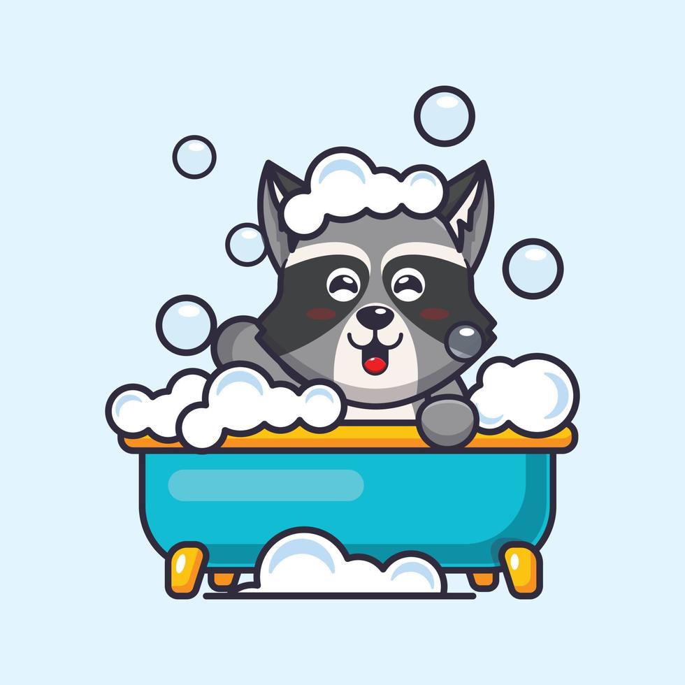 Cute raccoon taking bubble bath in bathtub cartoon vector illustration