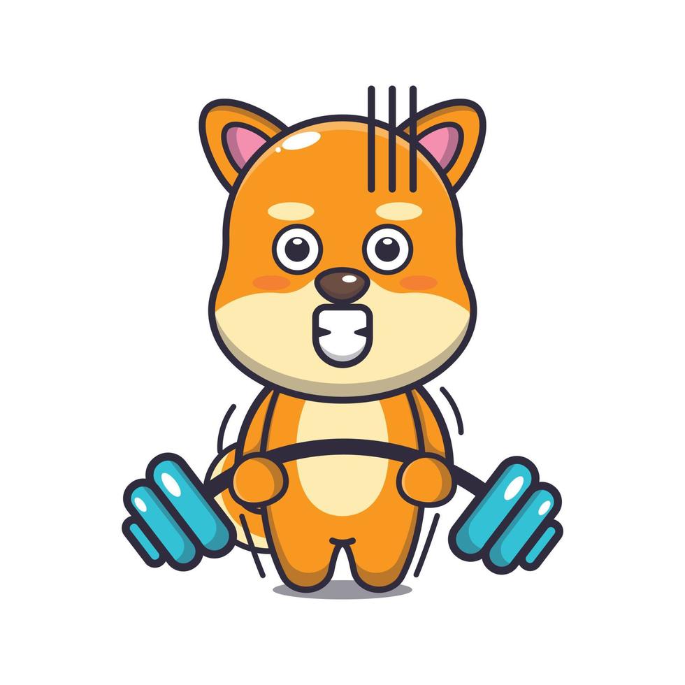 Cute shiba inu dog lifting barbell cartoon vector illustration