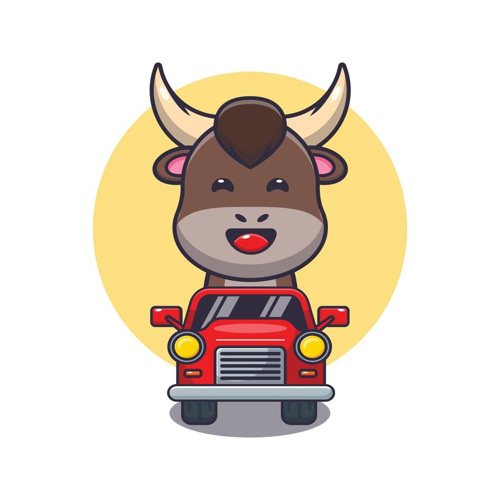 cute bull mascot cartoon character ride on car vector