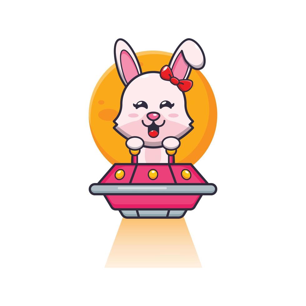 cute bunny mascot cartoon character fly with ufo vector