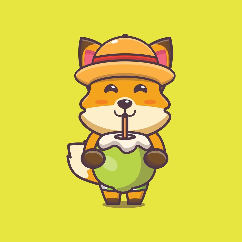 Cute fox cartoon mascot character drink fresh coconut vector