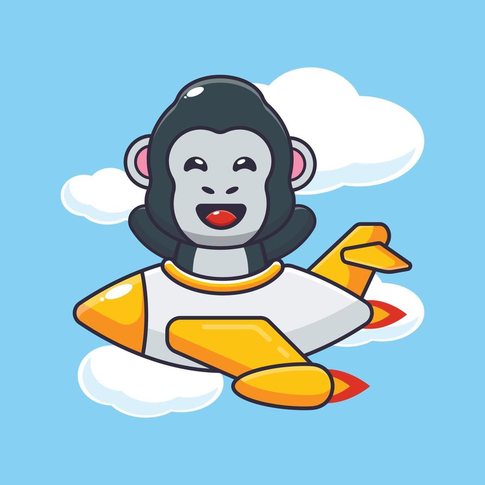 cute gorilla mascot cartoon character ride on plane jet vector