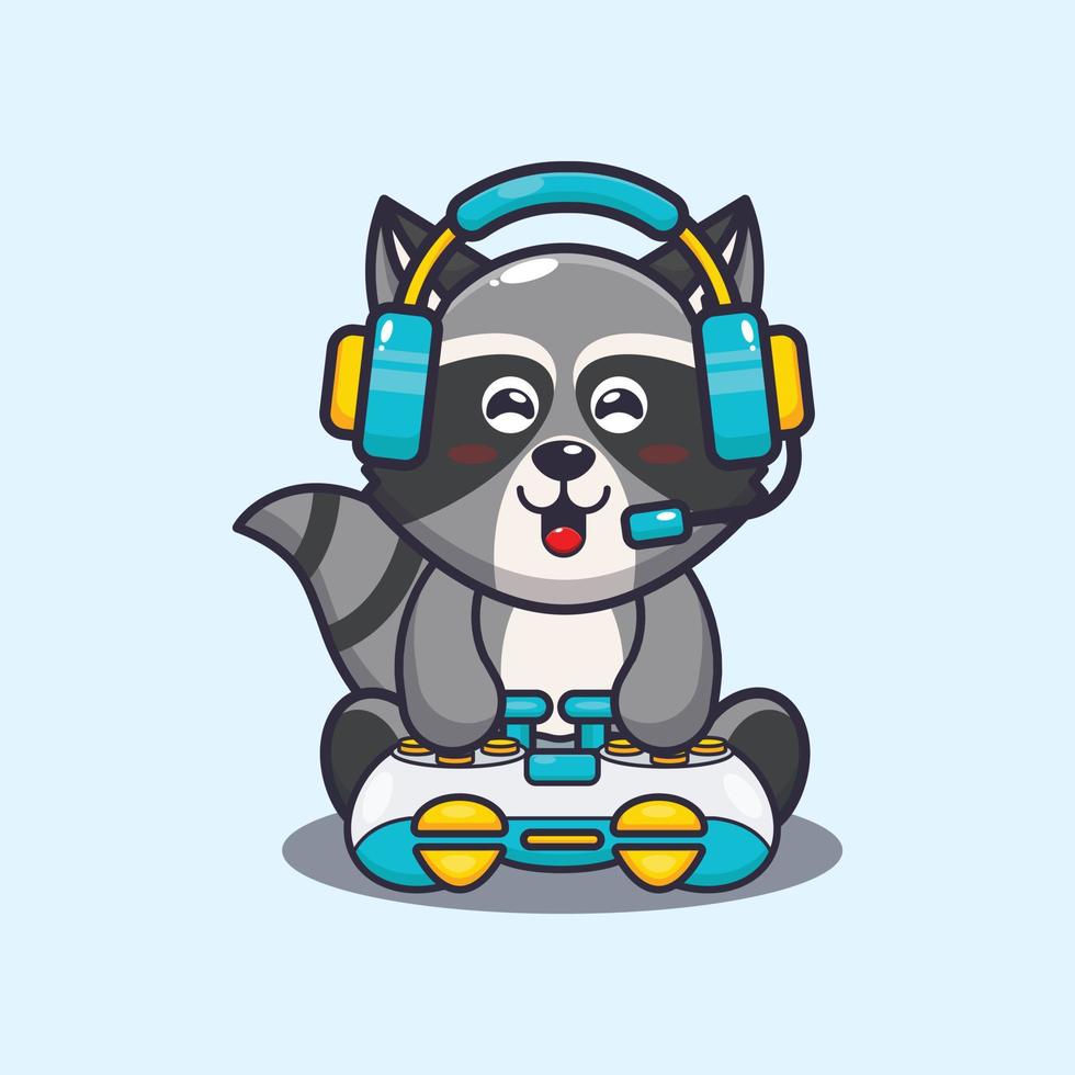 Cute raccoon play a game cartoon vector illustration