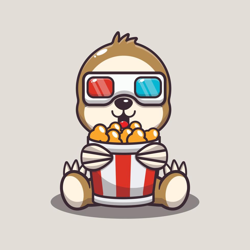 Cute sloth eating popcorn and watch 3d movie vector