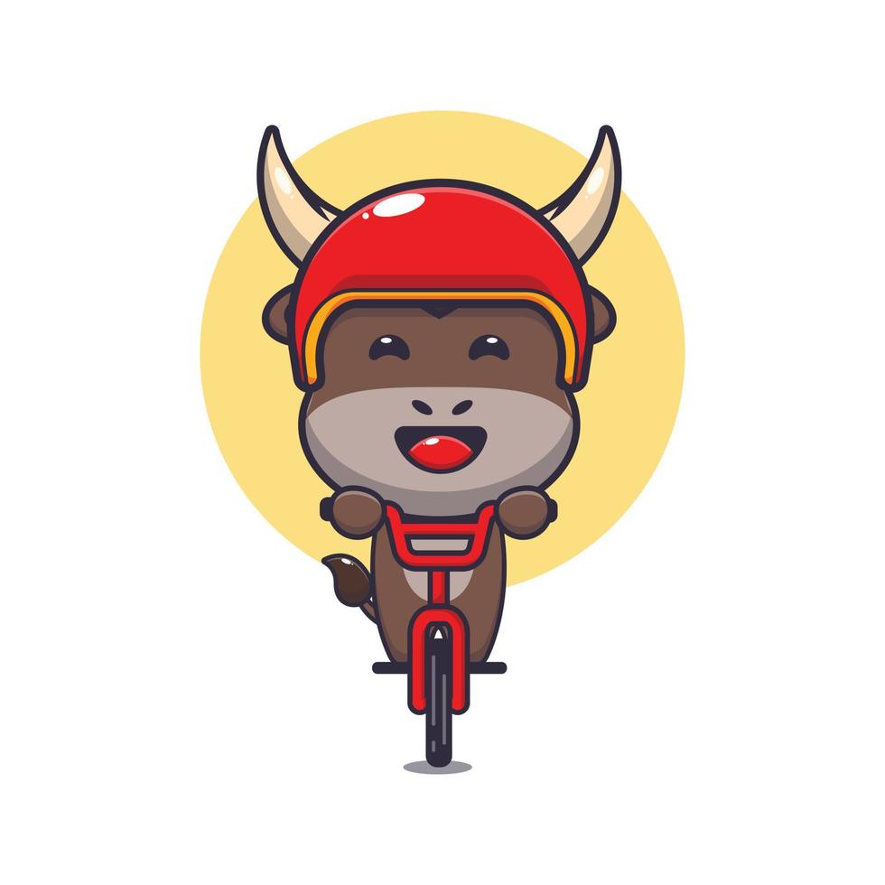 lindo toro mascota personaje de dibujos animados paseo en bicicleta vector