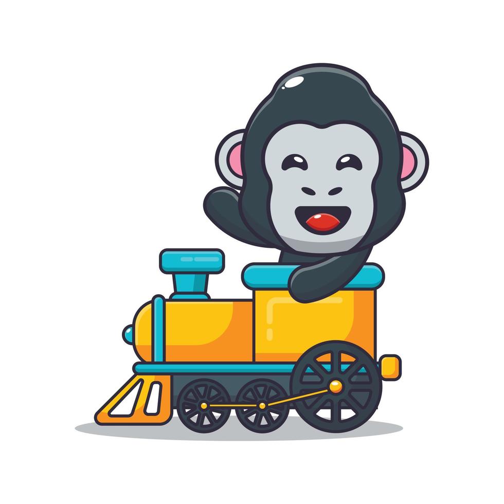 lindo gorila mascota personaje de dibujos animados paseo en tren vector