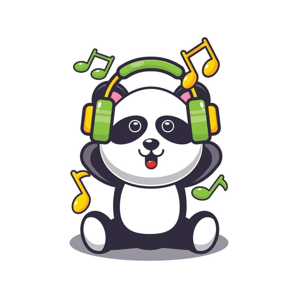 Cute panda listening music with headphone cartoon vector illustration