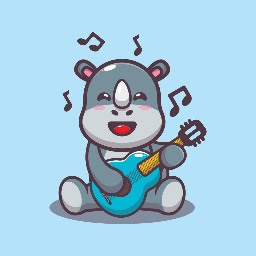 Cute rhino playing guitar cartoon vector illustration