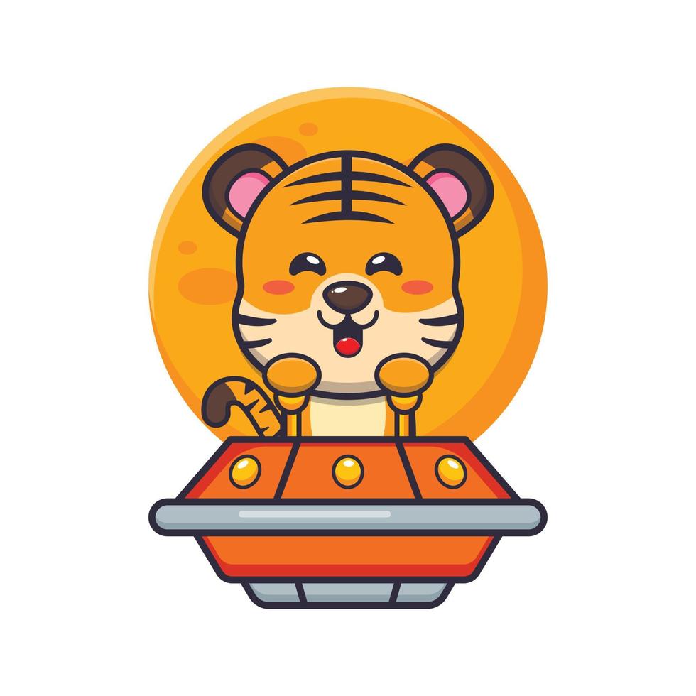 lindo tigre mascota personaje de dibujos animados volar con ufo vector