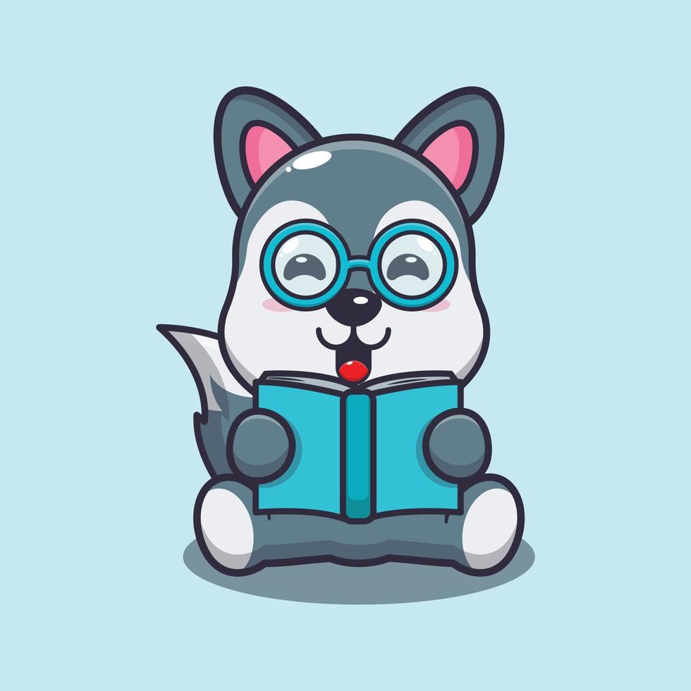 Cute wolf reading a book cartoon vector illustration