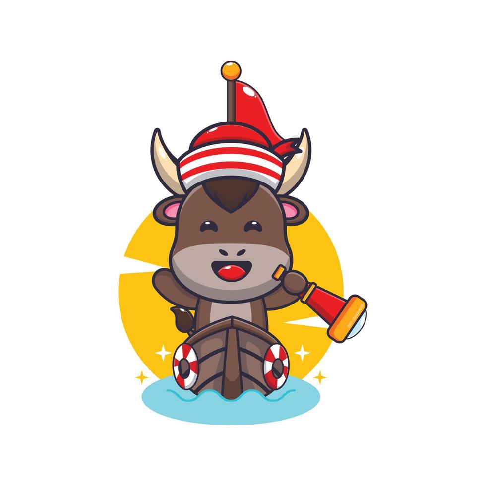 cute bull mascot cartoon character on the boat vector