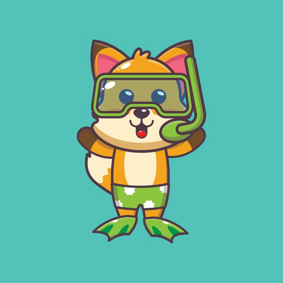 Cute fox diving cartoon mascot character illustration vector