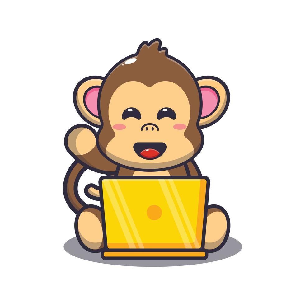 Cute monkey with laptop cartoon vector illustration