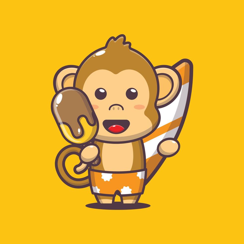 Cute monkey cartoon mascot character with surfboard holding ice vector