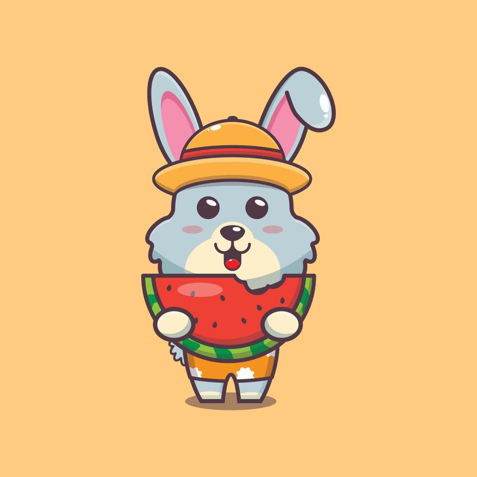 lindo personaje de mascota de dibujos animados de conejo comer sandía fresca vector