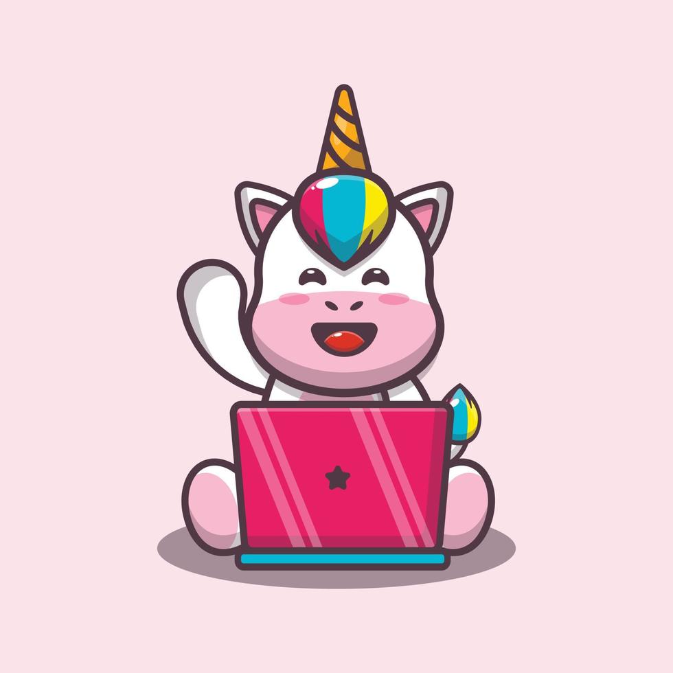 Cute unicorn with laptop cartoon vector illustration