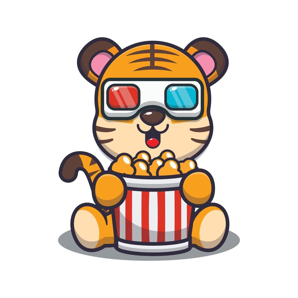 Cute tiger eating popcorn and watch 3d movie vector