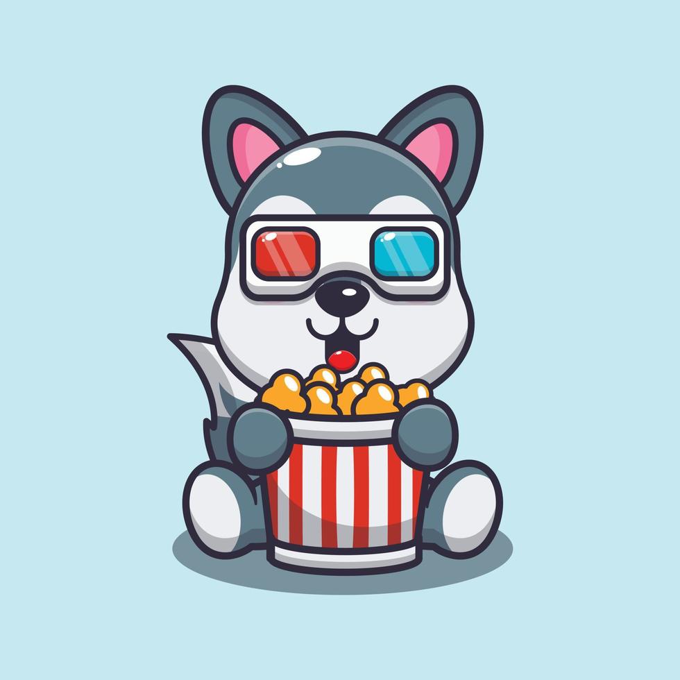 lindo lobo comiendo palomitas de maíz y viendo una película en 3d vector