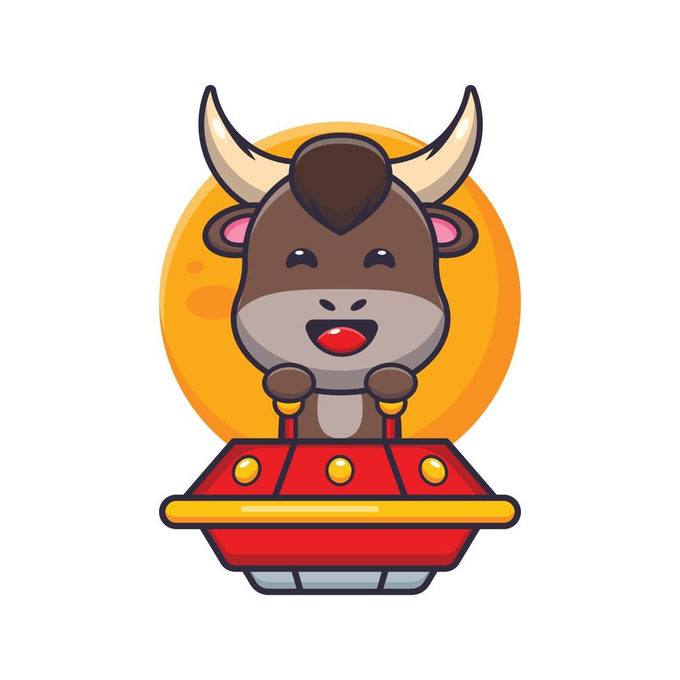 cute bull mascot cartoon character fly with ufo vector