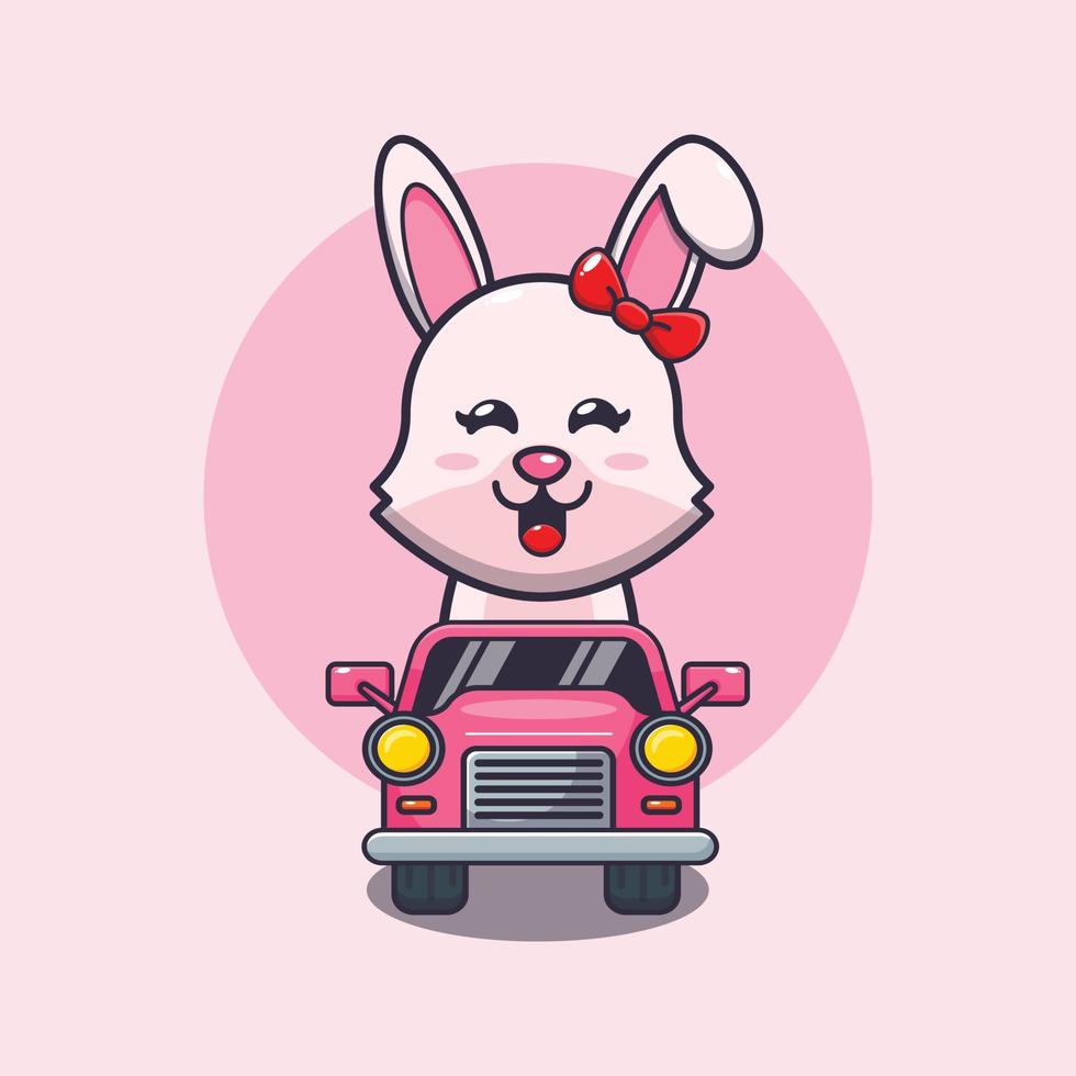 lindo conejito mascota personaje de dibujos animados paseo en coche vector