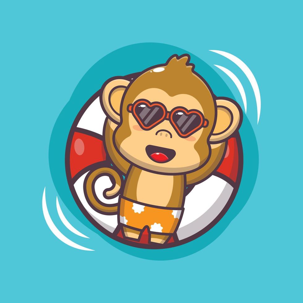 Cute monkey cartoon mascot character in sunglasses sleep on float vector