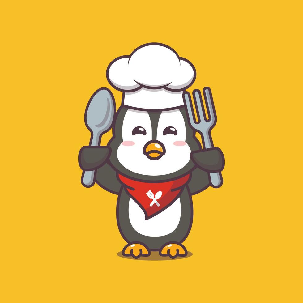 Cute penguin chef holding spoon and fork vector