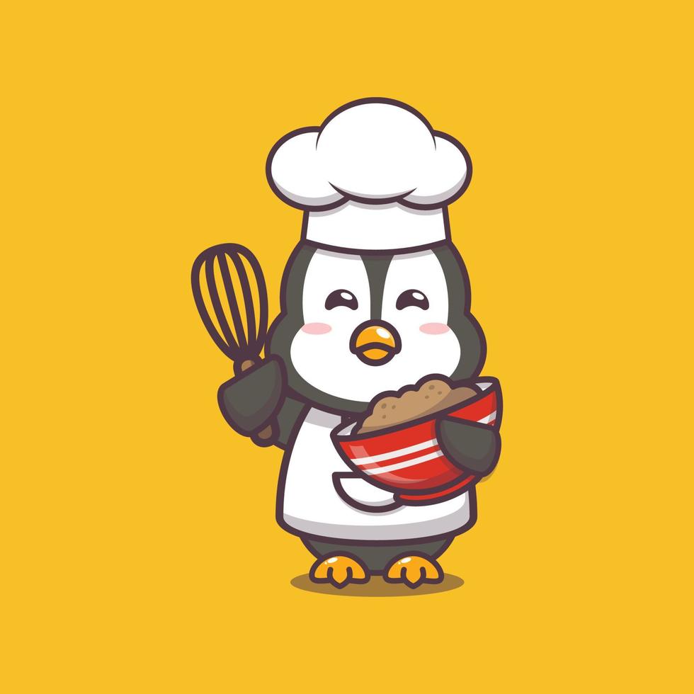 lindo pingüino chef con plato de masa vector