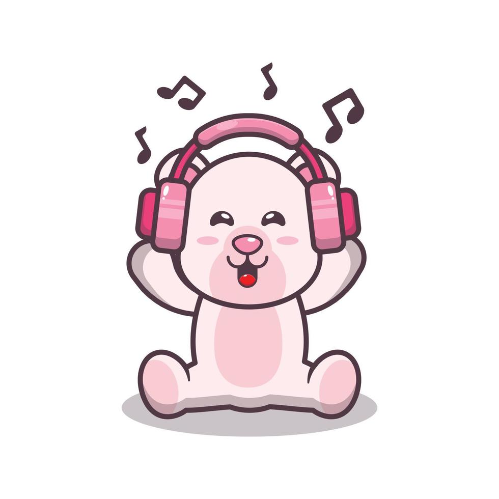 Cute polar bear listening music with headphone cartoon vector illustration