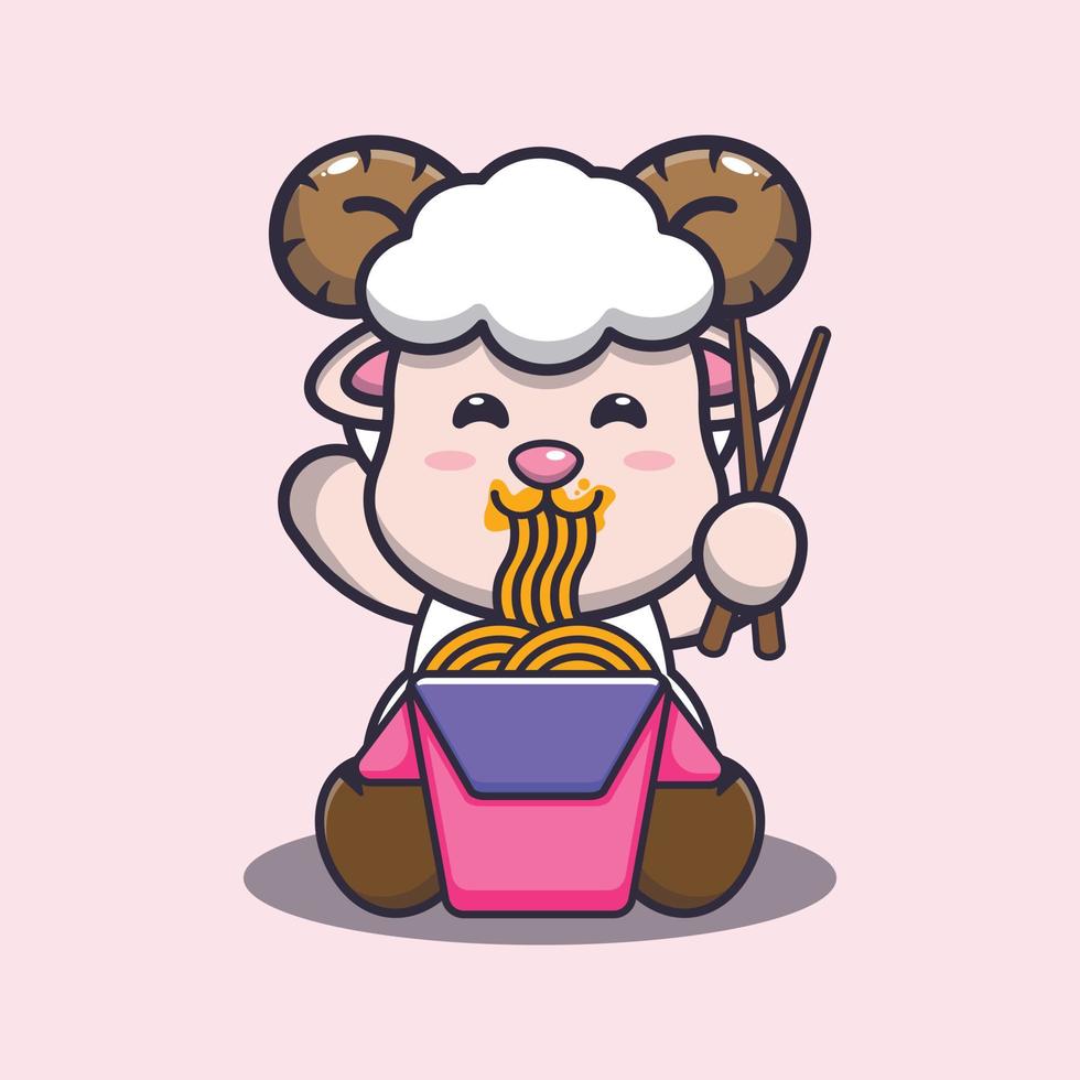 Cute sheep eating noodle cartoon vector illustration