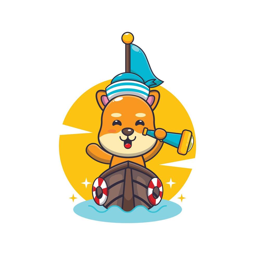 cute shiba inu dog mascot cartoon character on the boat vector