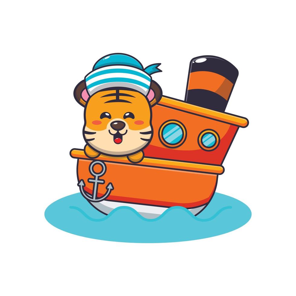 cute tiger mascot cartoon character on the ship vector