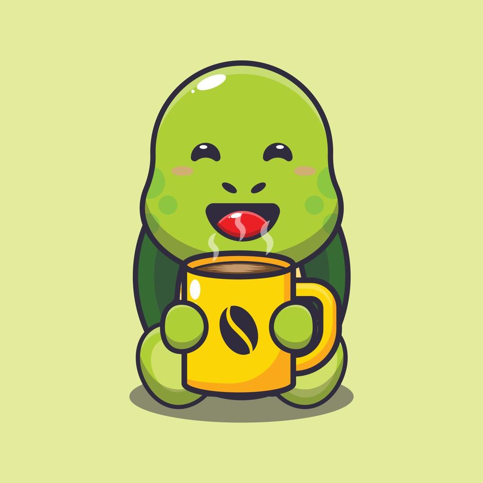 Cute turtle with hot coffee cartoon vector illustration