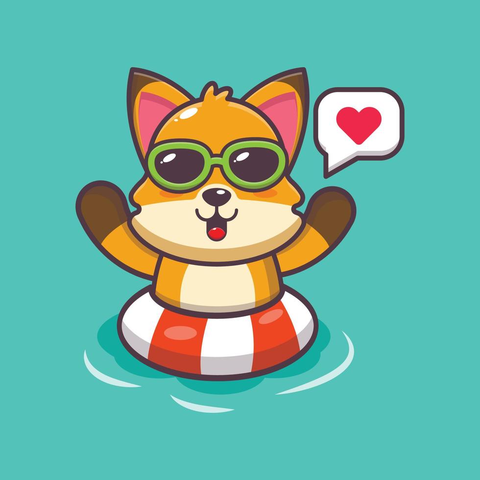 Cute fox cartoon mascot character in sunglasses swim in beach on buoy vector