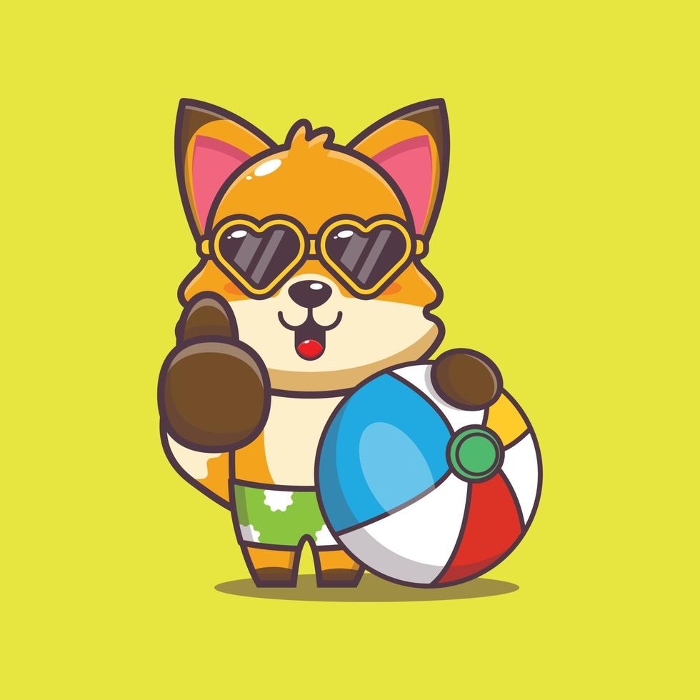 Cute fox cartoon mascot character in sunglasses with beach ball vector