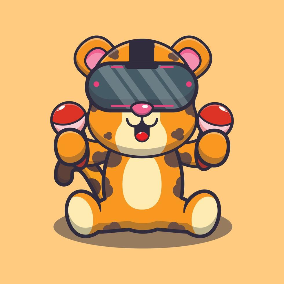 Cute leopard playing virtual reality cartoon vector illustration