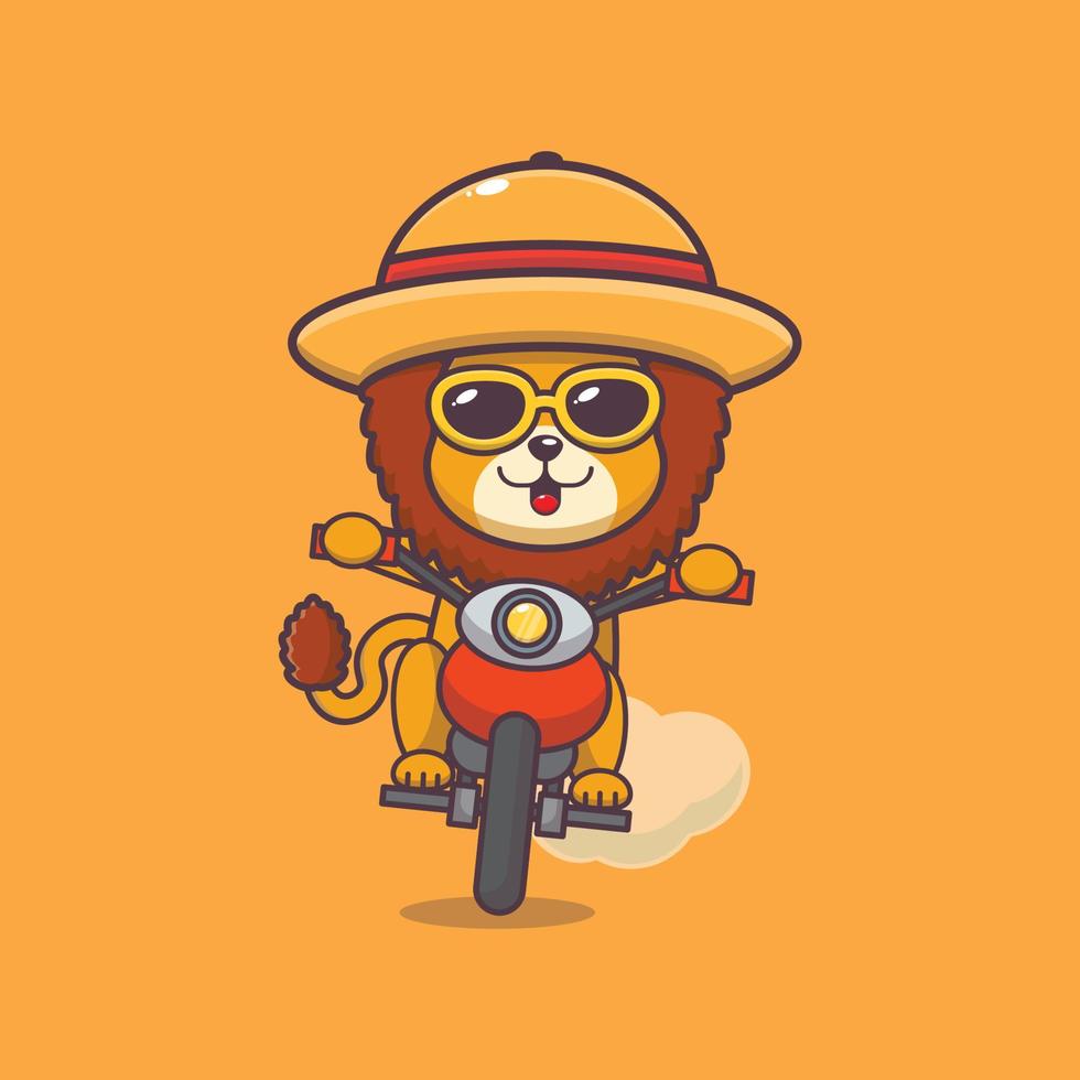 personaje de mascota de dibujos animados de león fresco en gafas de sol paseo en motocicleta en el día de verano vector