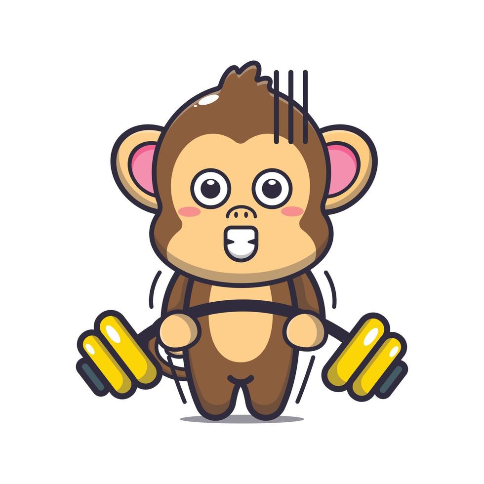 Cute monkey lifting barbell cartoon vector illustration
