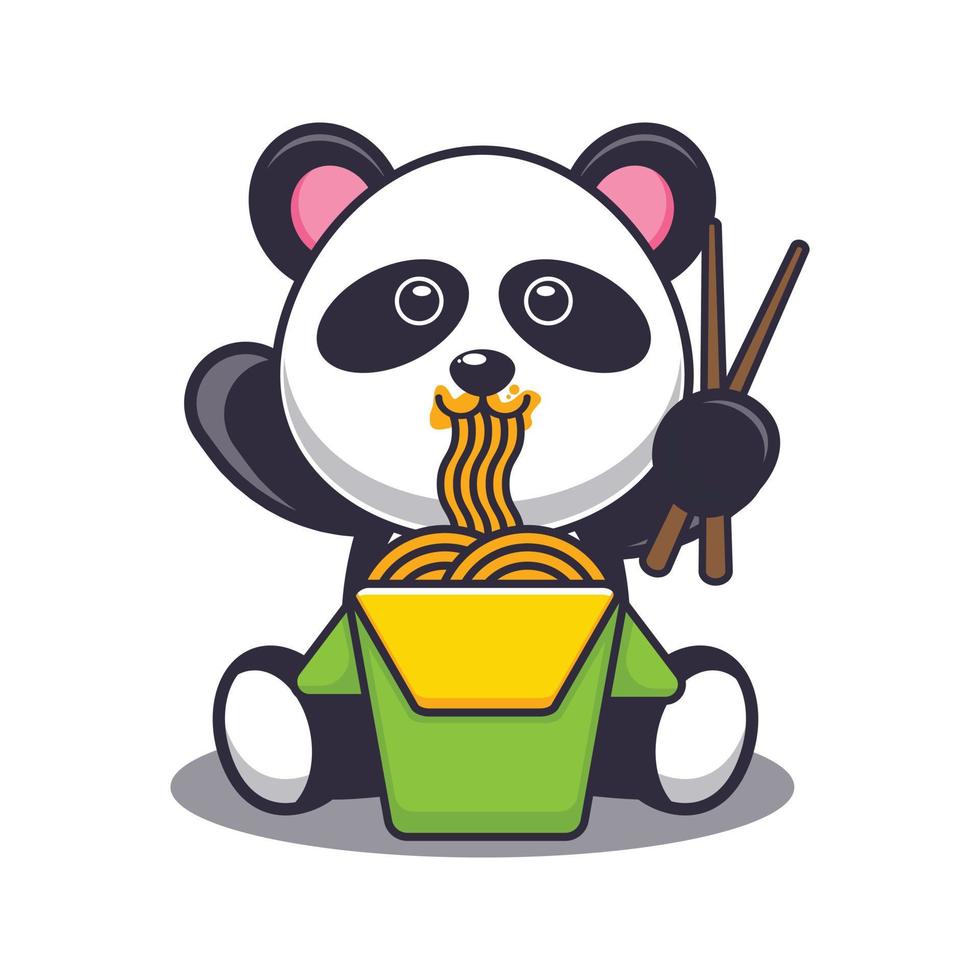 lindo panda comiendo fideos dibujos animados vector ilustración