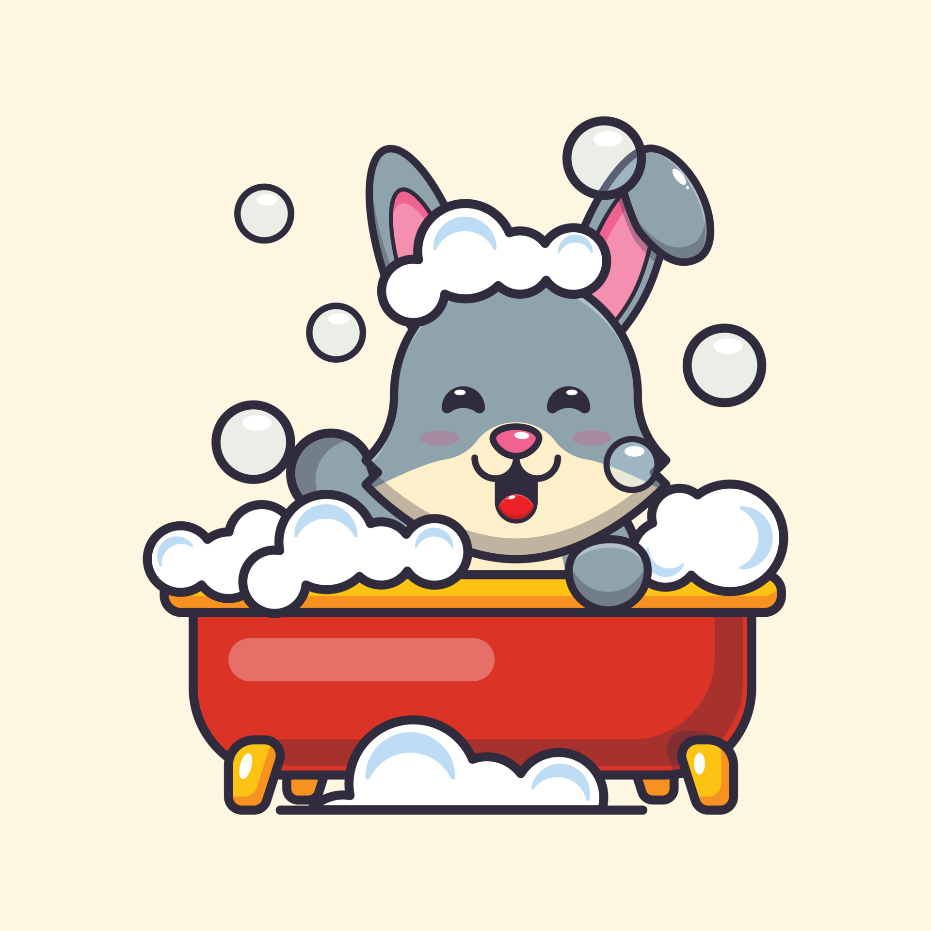 Cute rabbit taking bubble bath in bathtub cartoon vector illustration