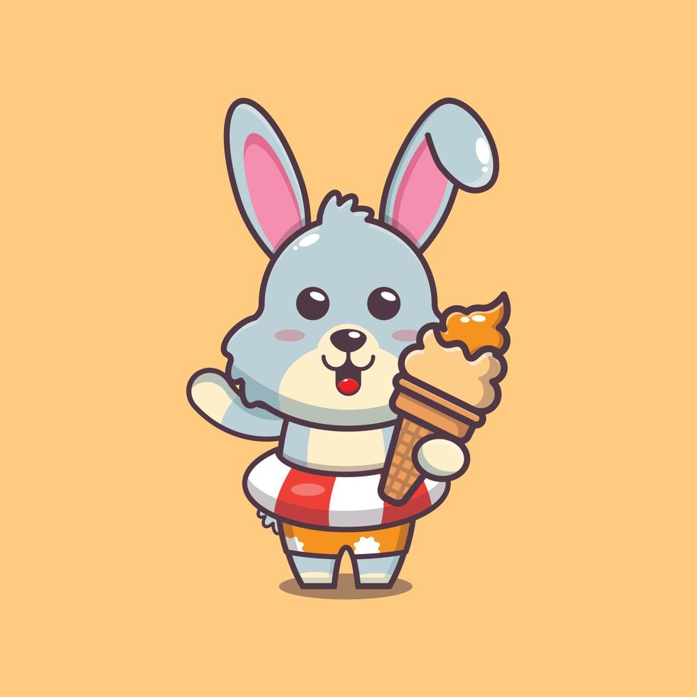 Cute rabbit cartoon mascot character with ice cream on beach vector