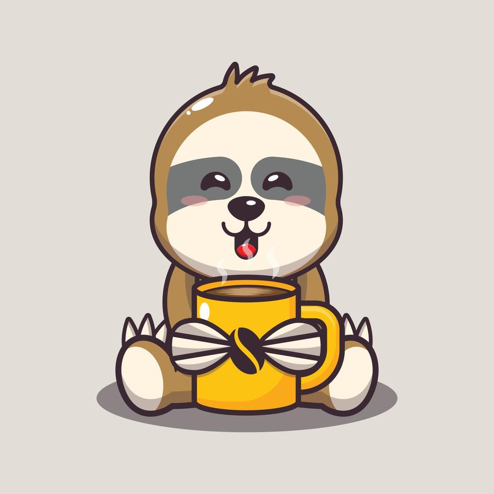 Cute sloth with hot coffee cartoon vector illustration