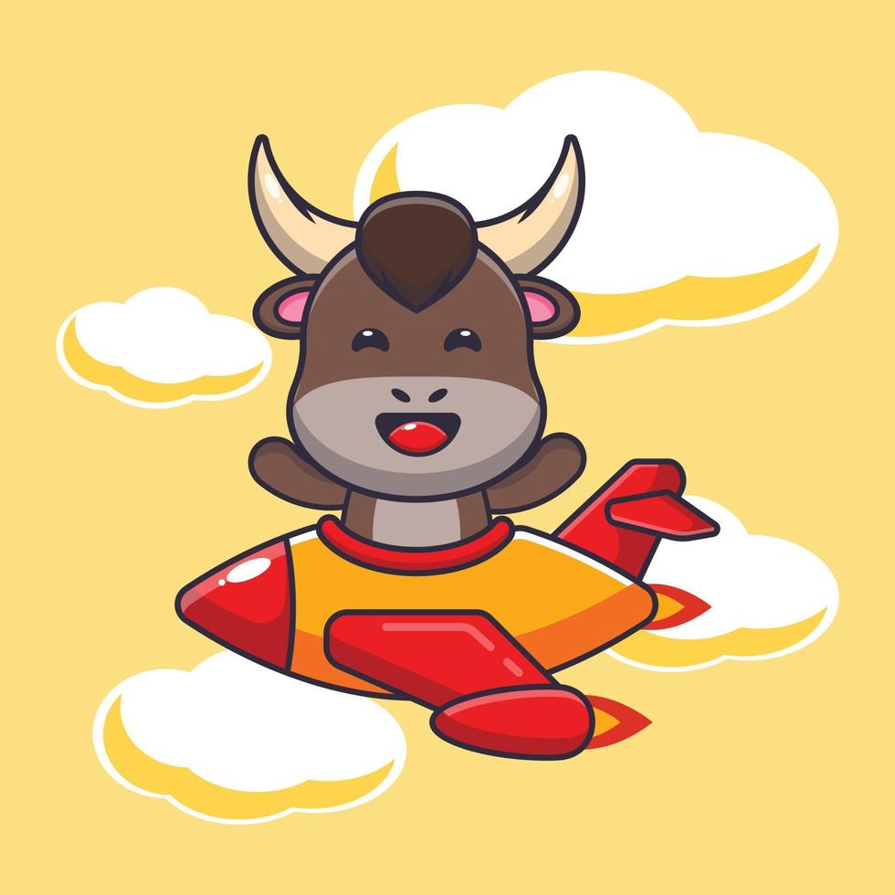 cute bull mascot cartoon character ride on plane jet vector