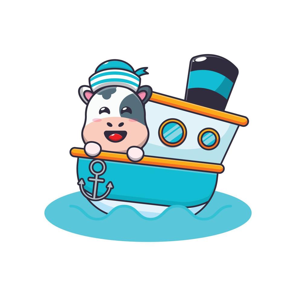 lindo personaje de dibujos animados de la mascota de la vaca en el barco vector