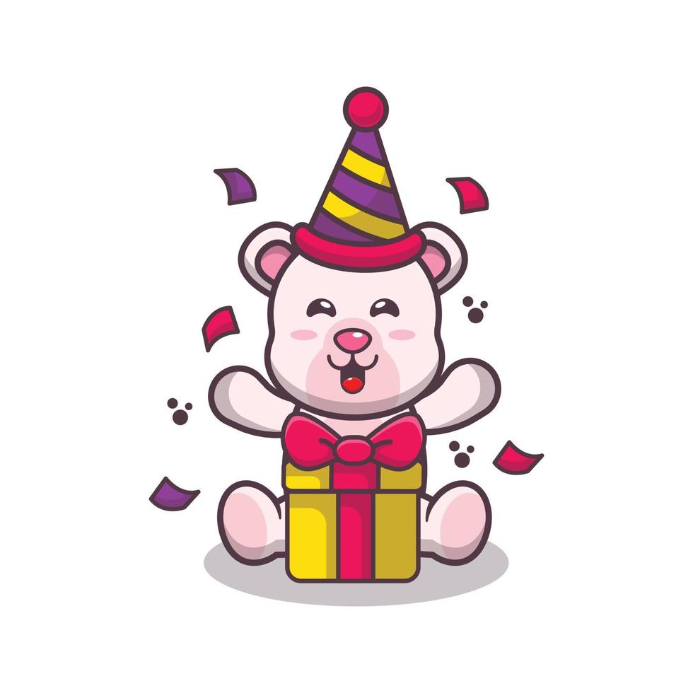 lindo oso polar en la ilustración de vector de dibujos animados de fiesta de cumpleaños